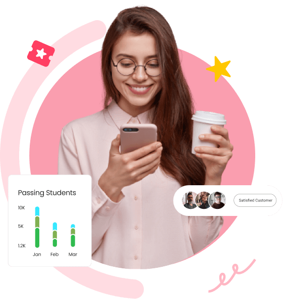 Happy female student checking results on phone with coffee cup – Education success statistics and satisfied customer reviews.